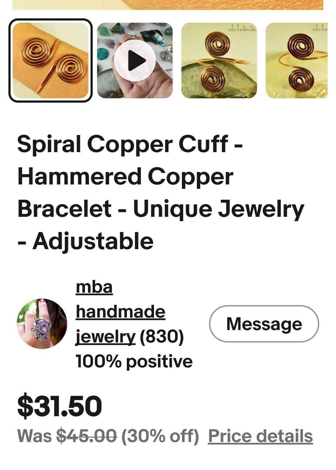 HEALING USA 99.9 COPPER Spiral Cuff – Hammered Copper Bracelet Adjustable