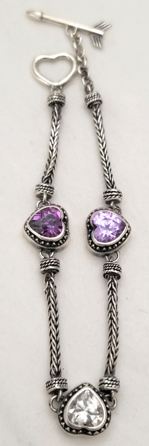 Amethyst Hearts CZ Crystals 925 Sterling Silver Spiga/Wheat Chain Bracelet 7.75″