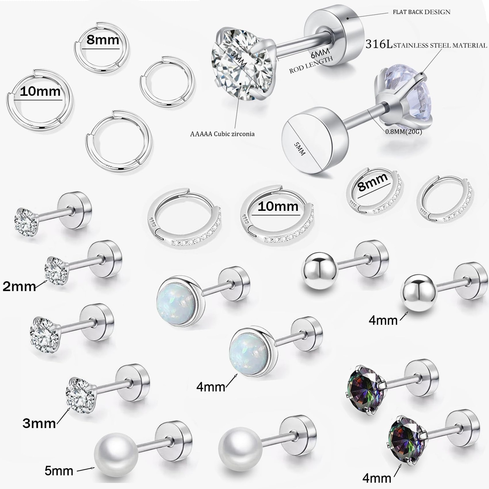 Surgical Steel Flat Back Earrings Set for Multiple Piercing Sensitive Silver