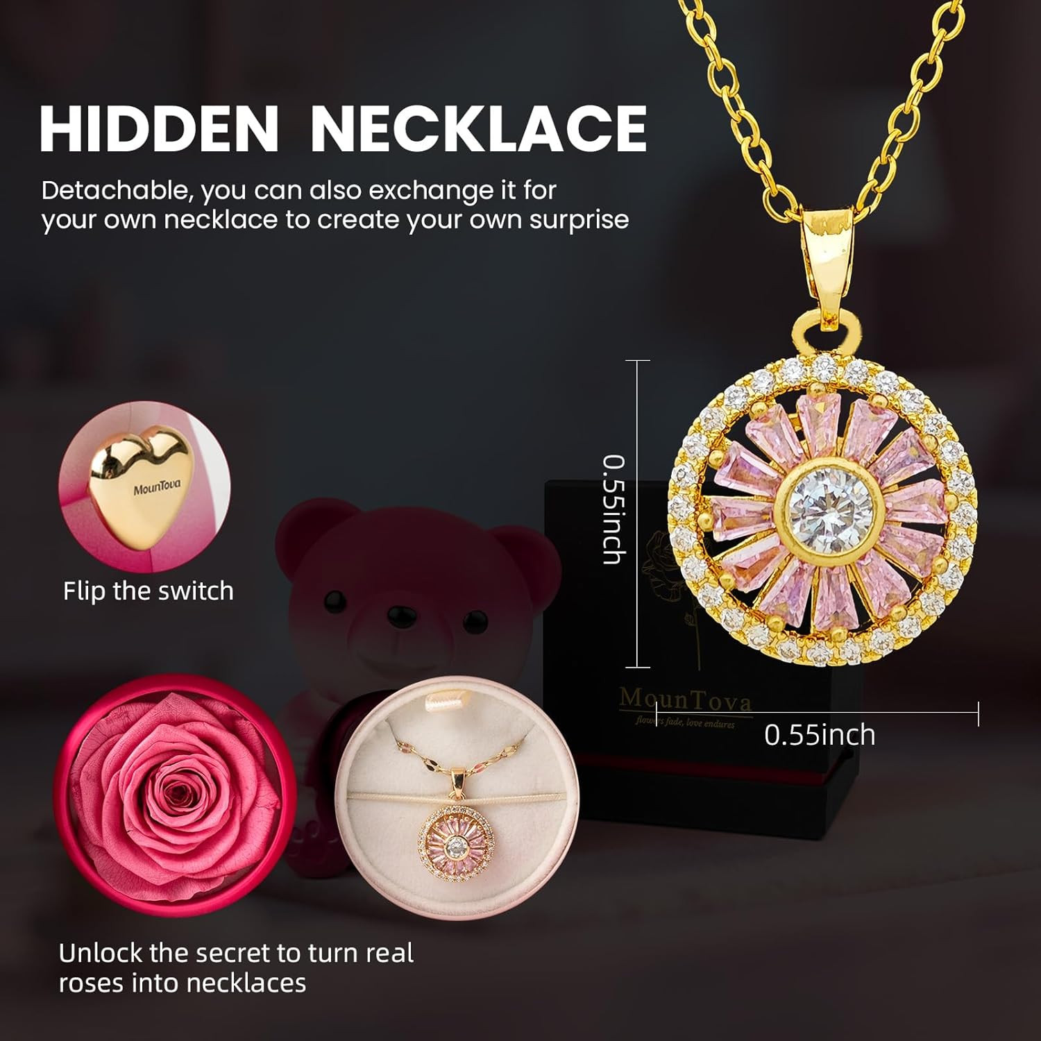 Cute Teddy Bear with Preserved Rose and Necklace, Elegant Bear Roses Gifts with