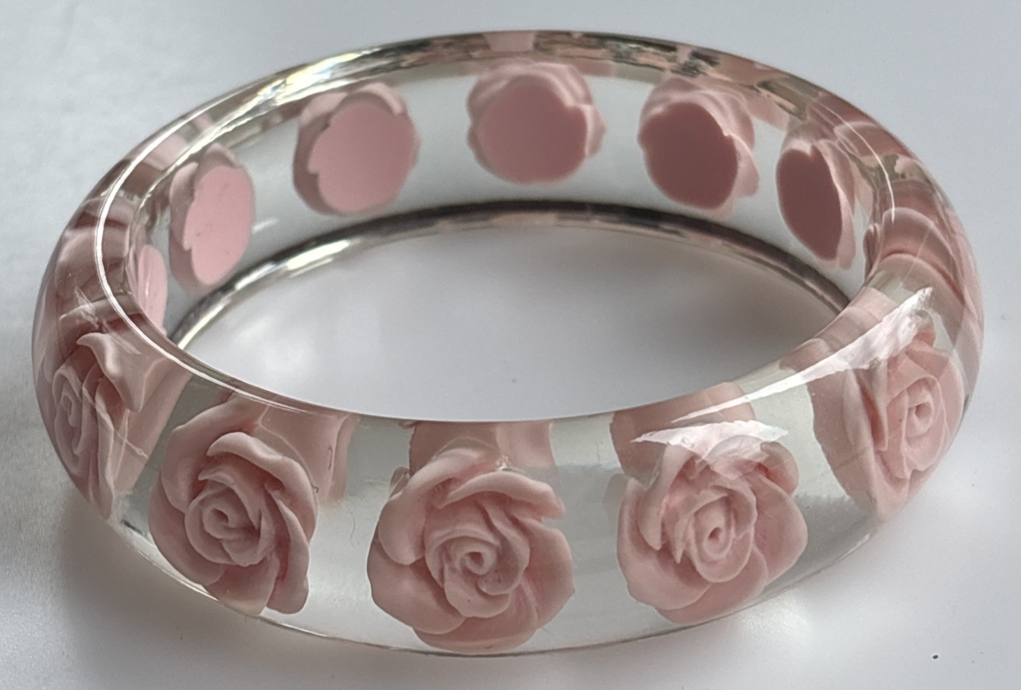 Vintage Lucite Clear Bangle Plastic Resin Pink Embedded Roses