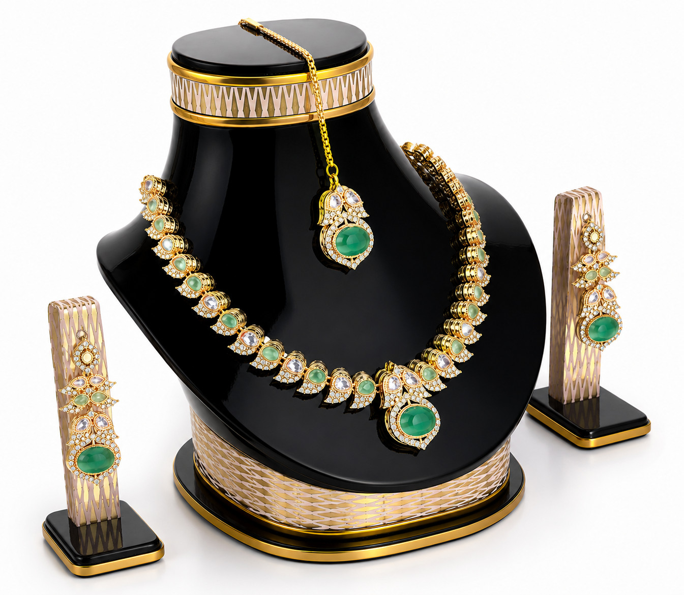Gold Plated Bridal Jewelry Set Green Crystal Necklace Earrings Maang Tikka