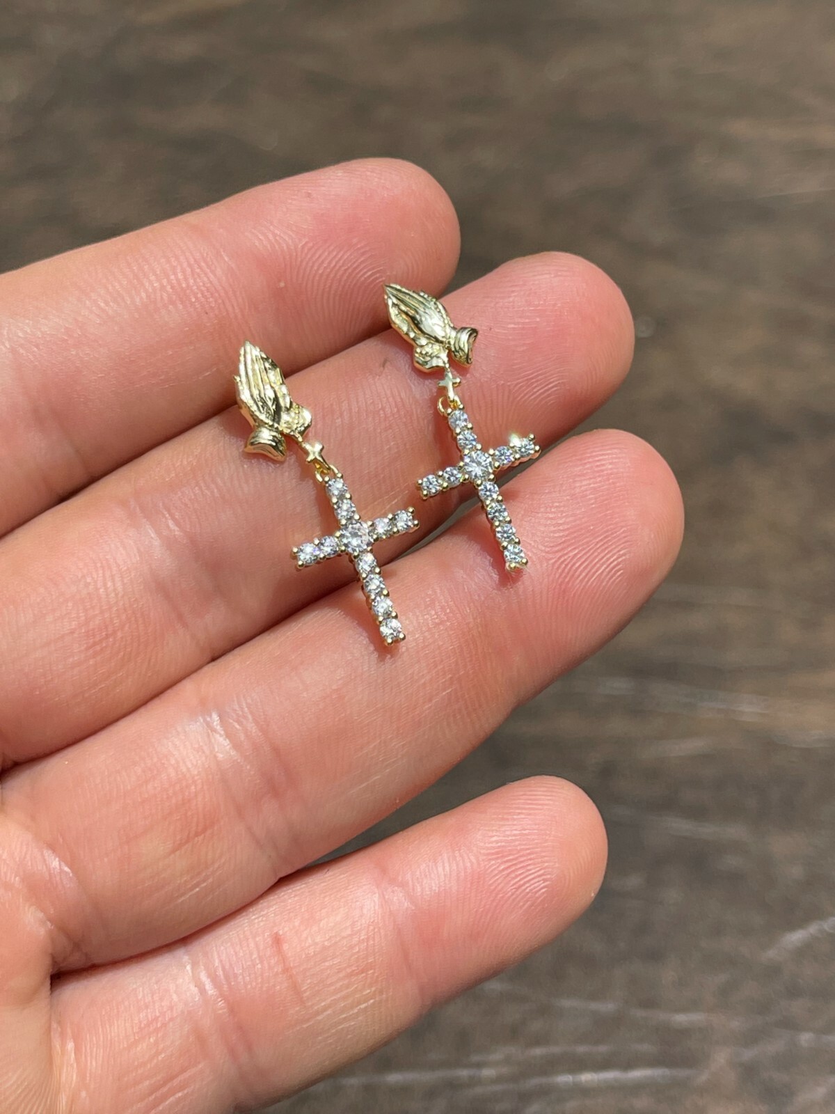 14k Gold Plated Real 925 Sterling Silver Praying Hands Cross Dangle Earrings