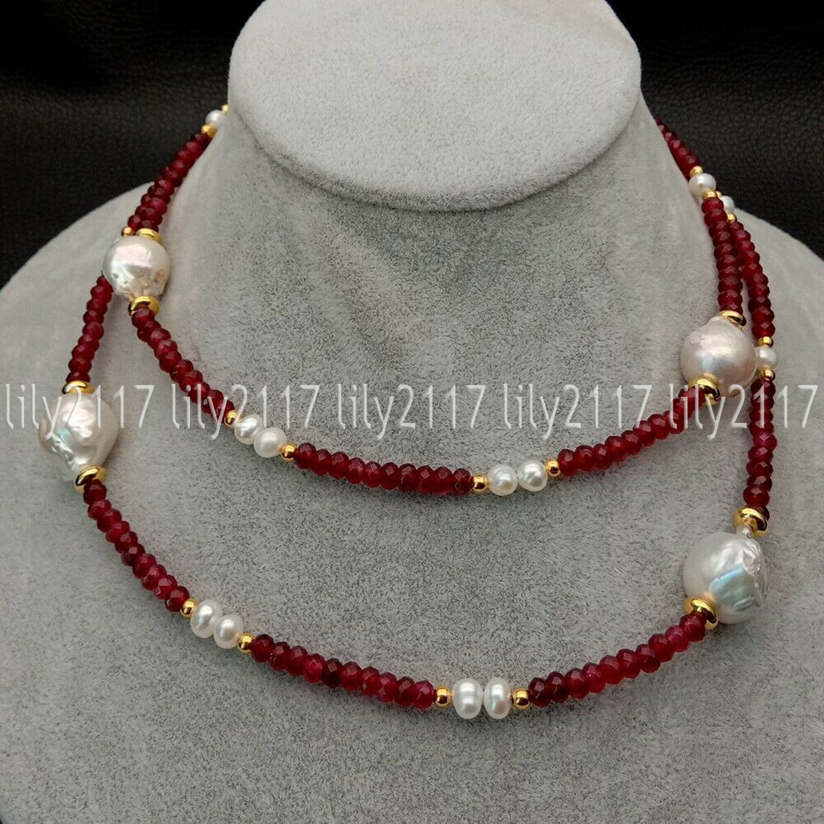 2x4mm Faceted Red Garnet Gems White Keshi Baroque Pearl Long Necklaces 14-55”