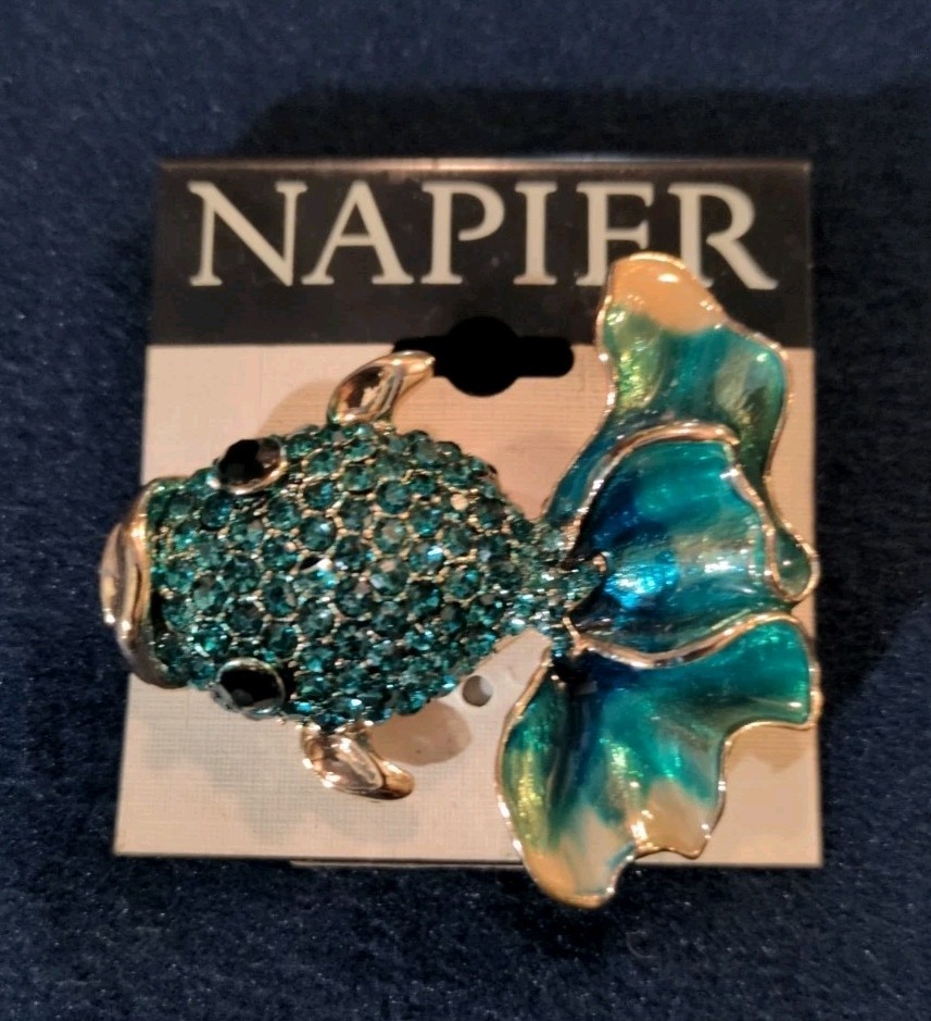 Napier Fancy Koi Gold Fish Brooch Pin Gold Tone Blue Green Rhinestone Enamel 2″