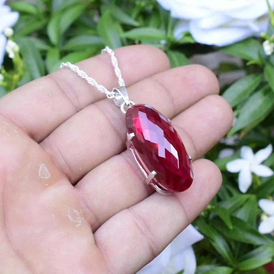 42 Ct Natural Red Ruby Pendant 925 Sterling Silver Cabochone Gemstone Jewelry