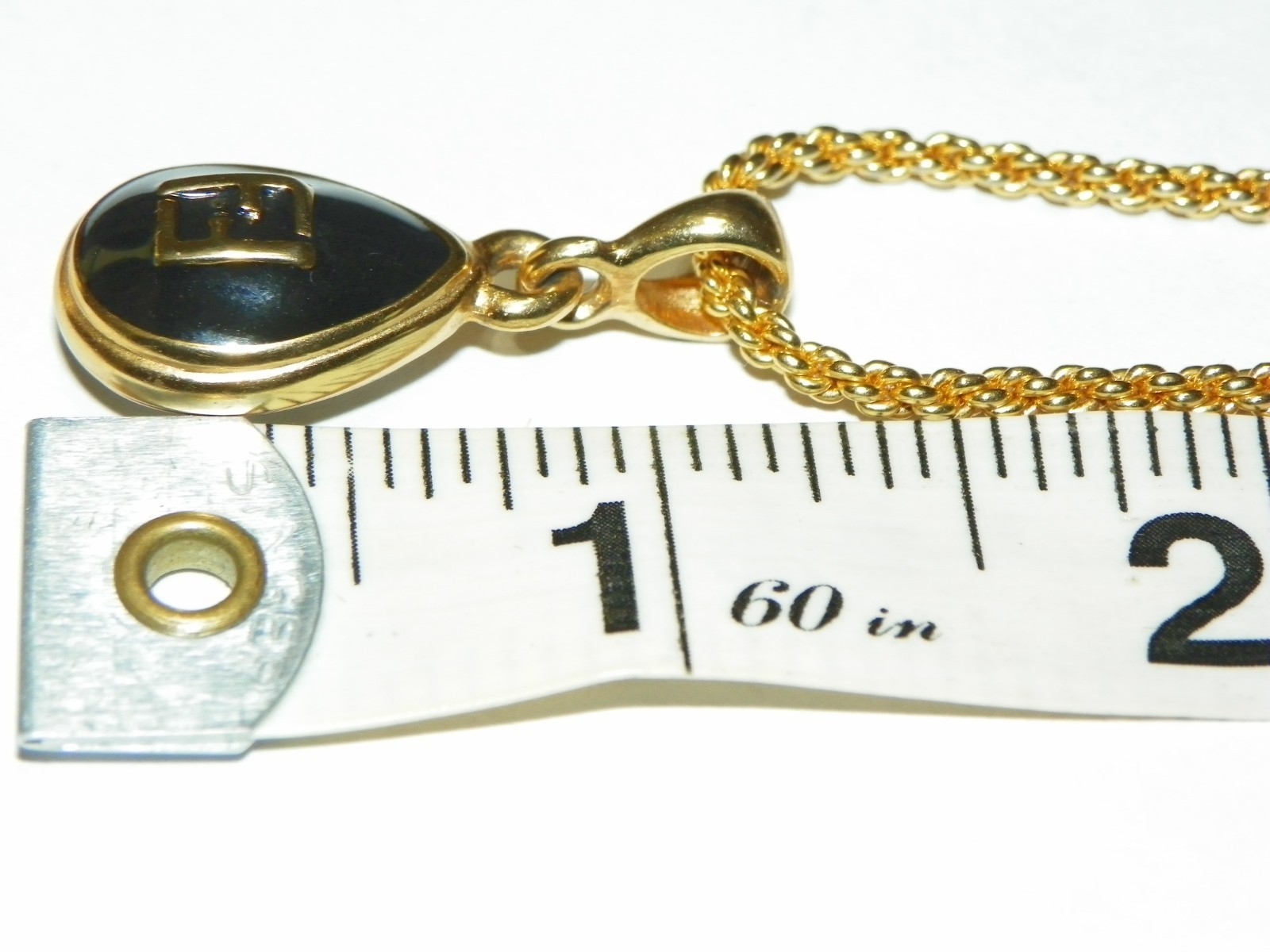 VTG Fendi Logo Teardrop double side Black Enamel/clear Crystal Pendant GoldTone