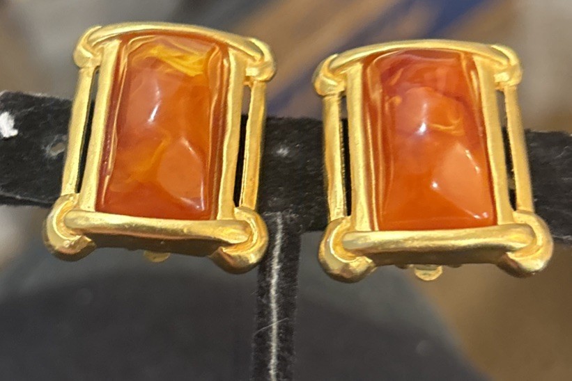 Vintage Karl Lagerfeld Gold Plated Orange Marbled Resin Clip On Earrings