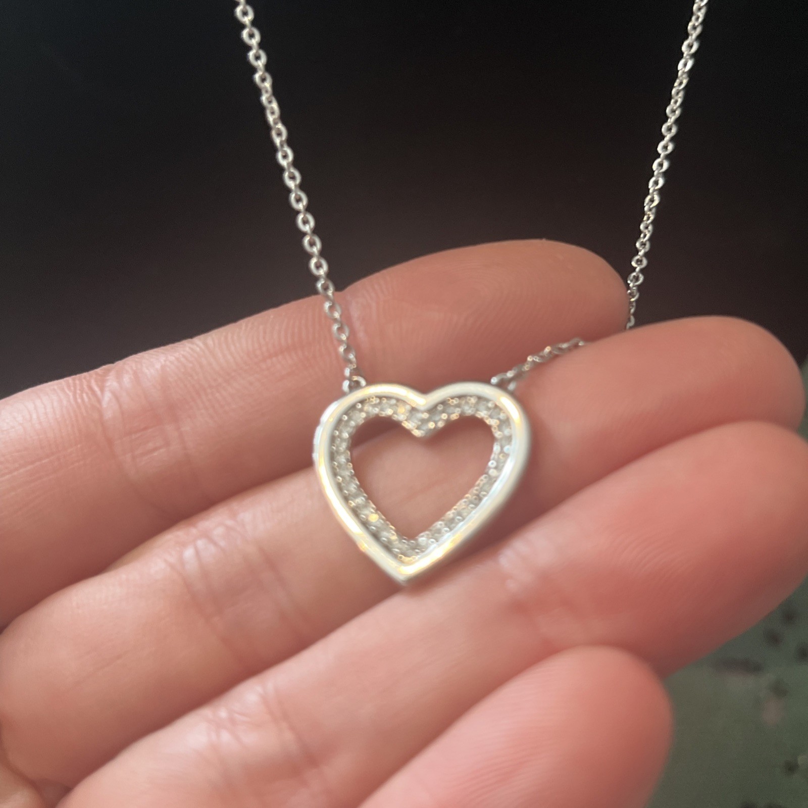 Open heart pendant necklace silver Tone Chain pave Cubic Zirconia Womens Jewelry