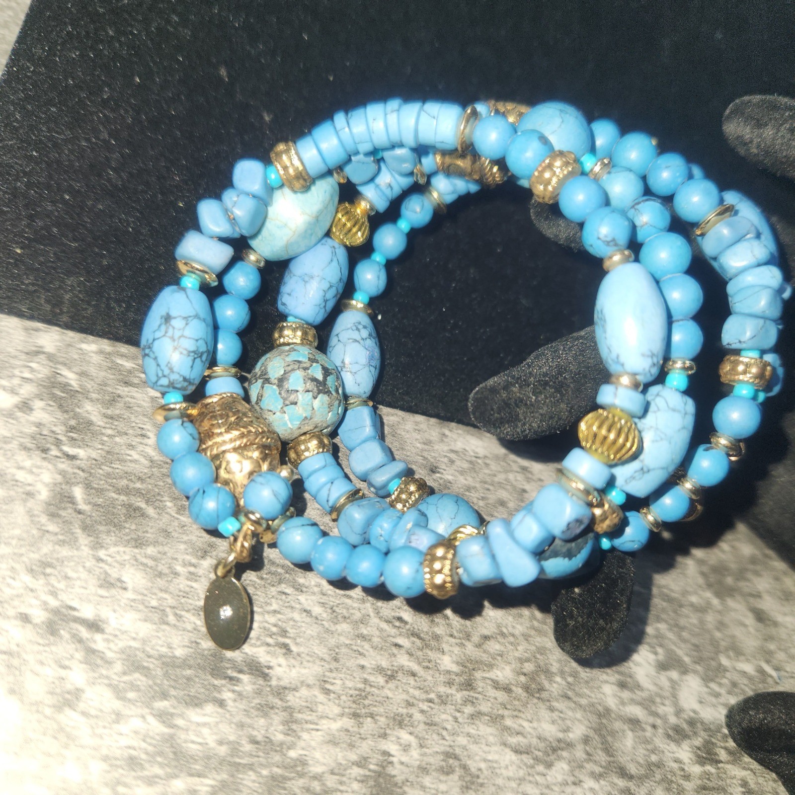 Chicos Blue Turquoise color Multi Strand Wrap Bracelet Gold Tone Accents