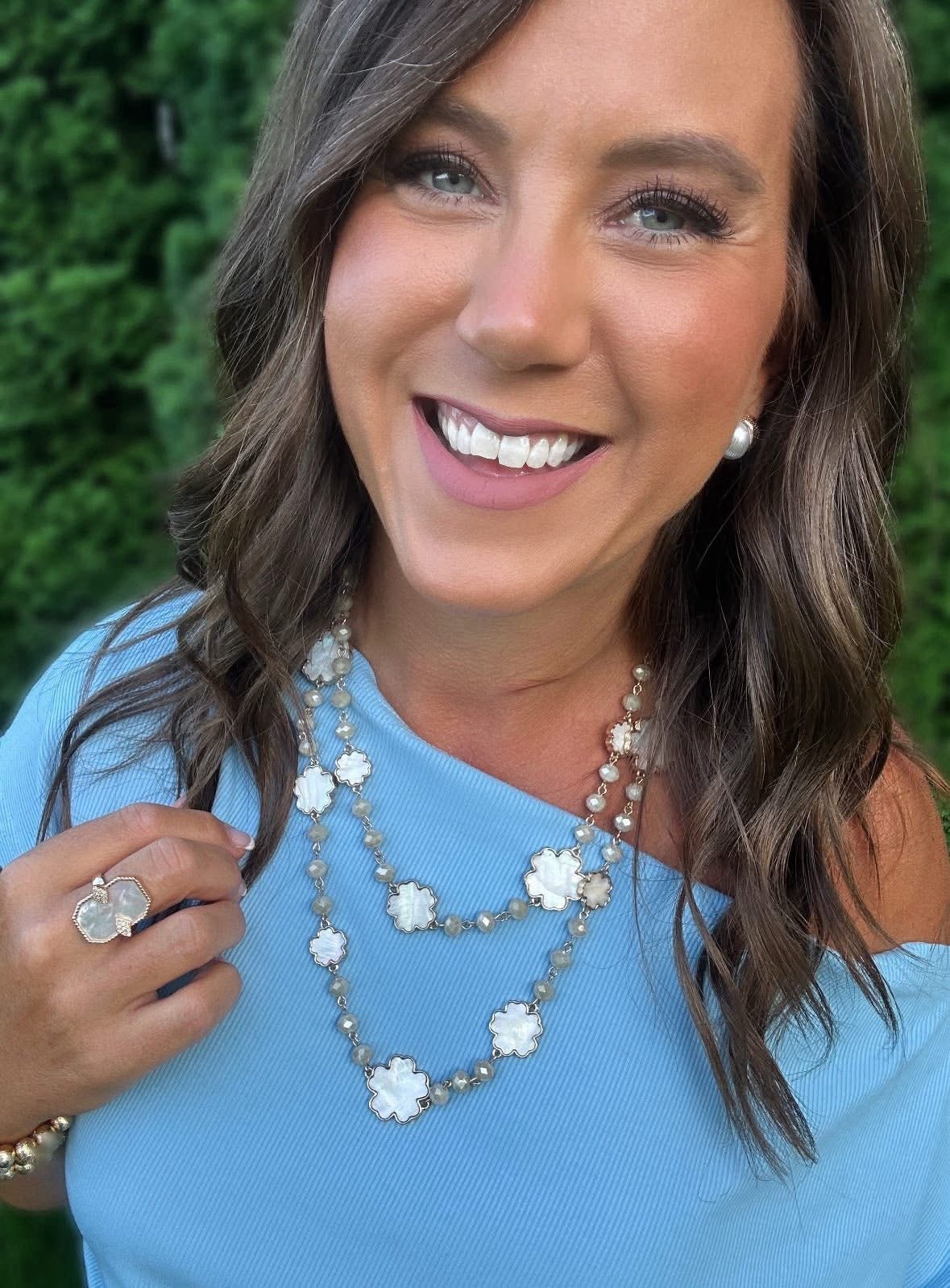 Park Lane CLOUD Mother Of Pearl & Faceted Bead Long Gold Necklace, Retail $174