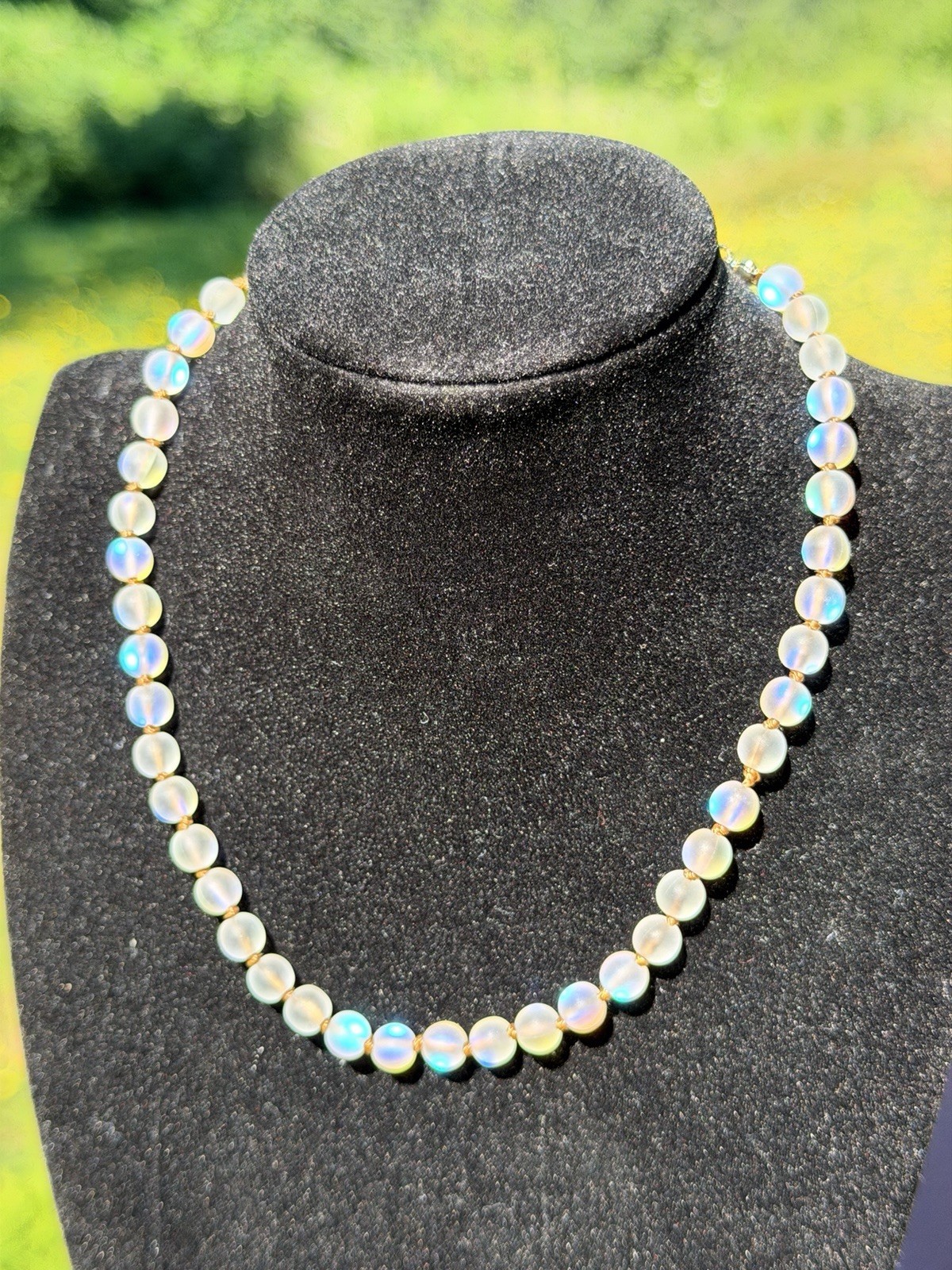 Opalite Aurora Borealis Iridescent Glass Bead Necklace. Gold Tone Accents – 16”