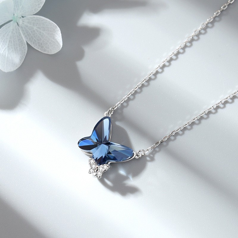 925 Sterling Silver Butterfly Pendant Necklace For Women Inlaid Crystal CZ