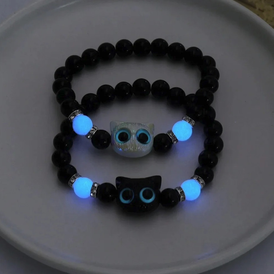 1PC Luminous Cat Couple Bracelet: Matching Black White Glow In Dark Gift – NEW