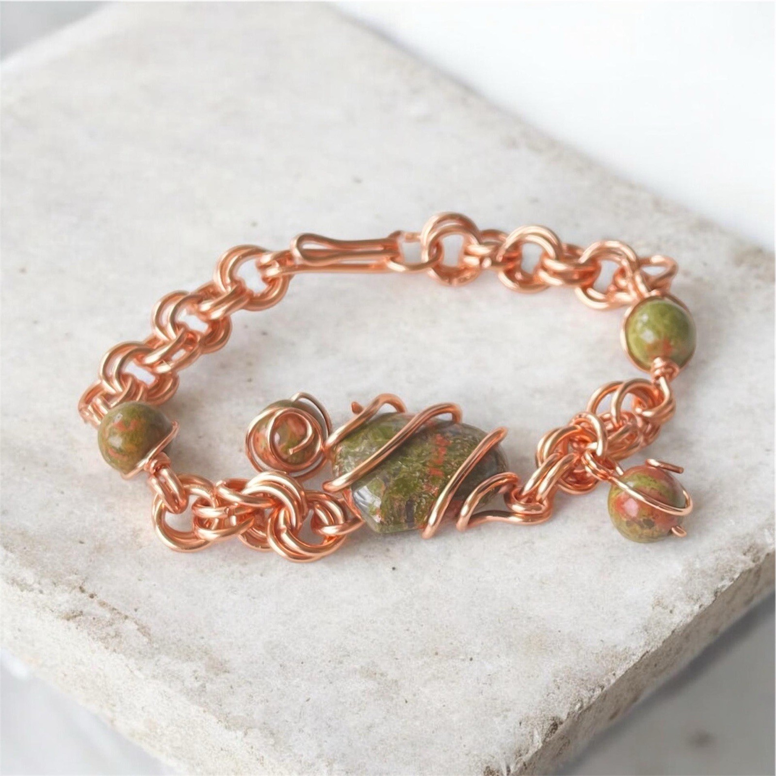 Copper Link Chain Dangle Charm Bracelet, Hook Closure, Copper Tone