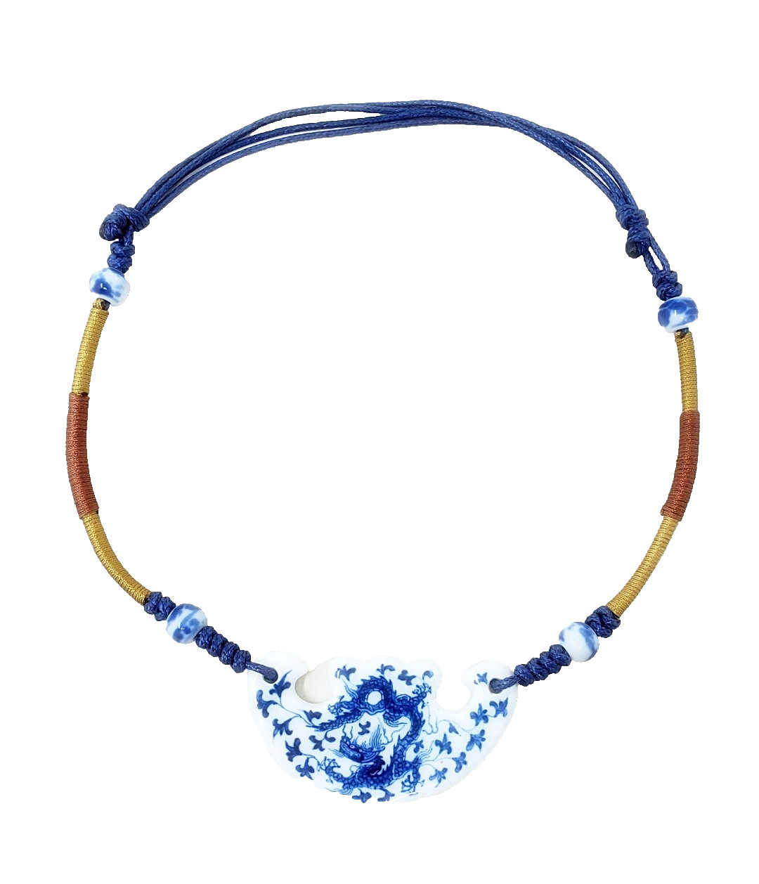 Porcelain Blue White Chinese Dragon Pendant Necklace Adjustable Length Ceramic