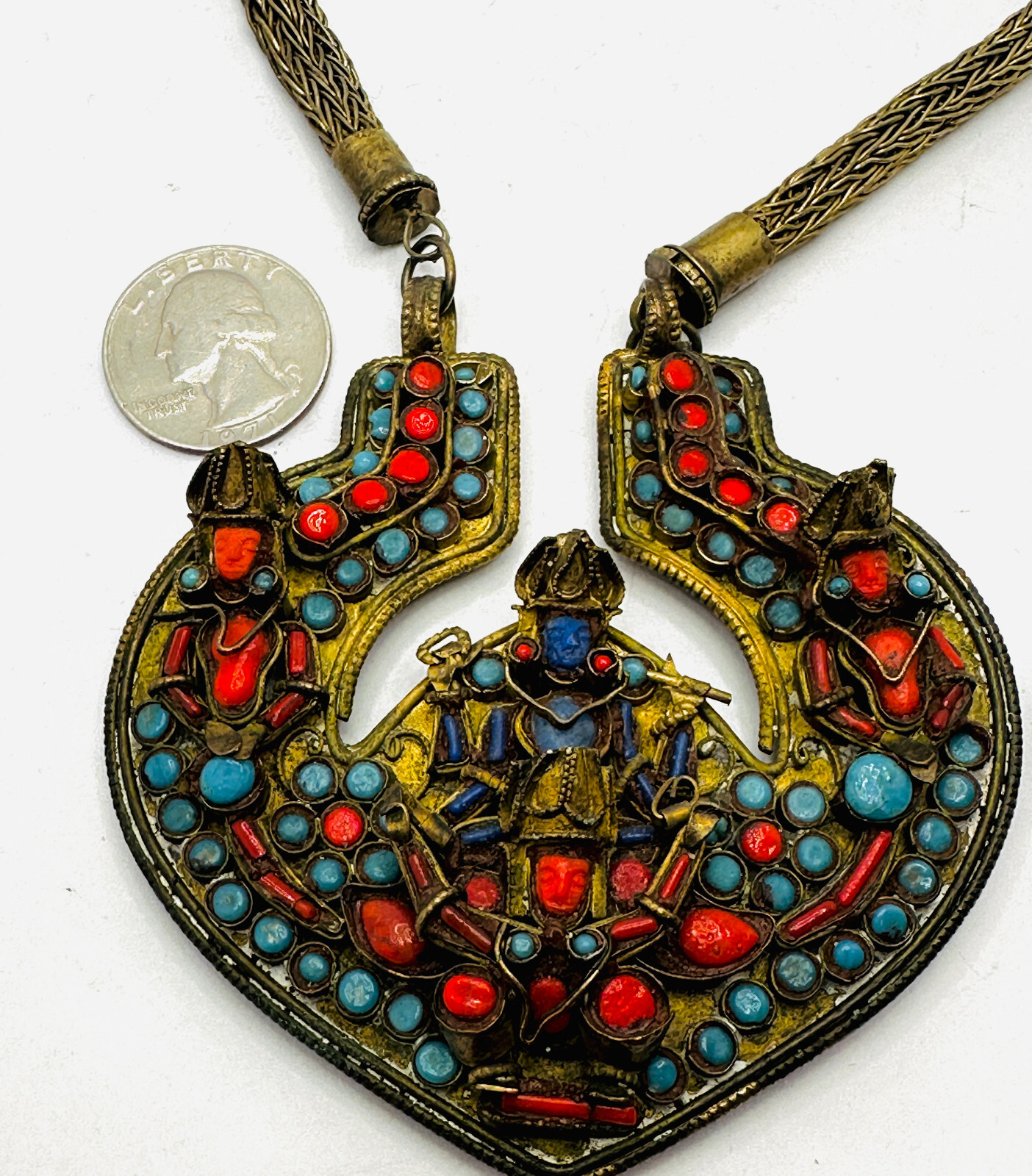 Antique Nepal Tibetan Brass Vishnu Prayer Necklace Coral Turquoise Glass EUC 24″