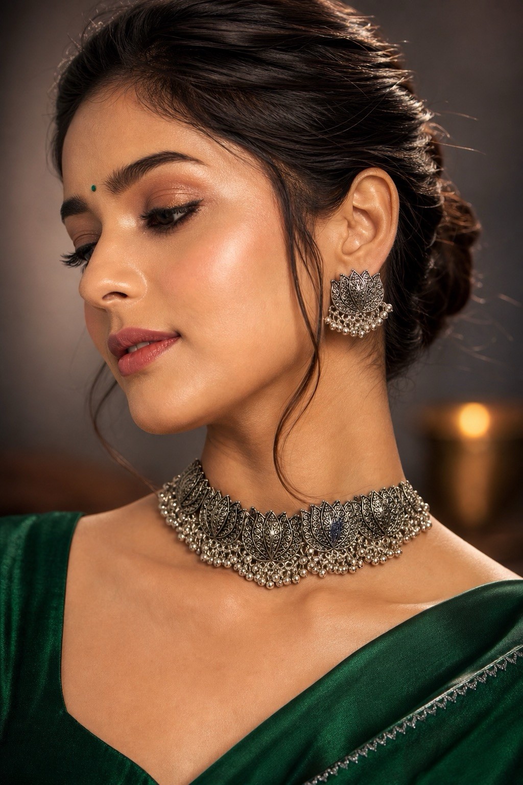 Traditional Lotus Choker Necklace Set, Pakistani Jewelry with Matching Earrings