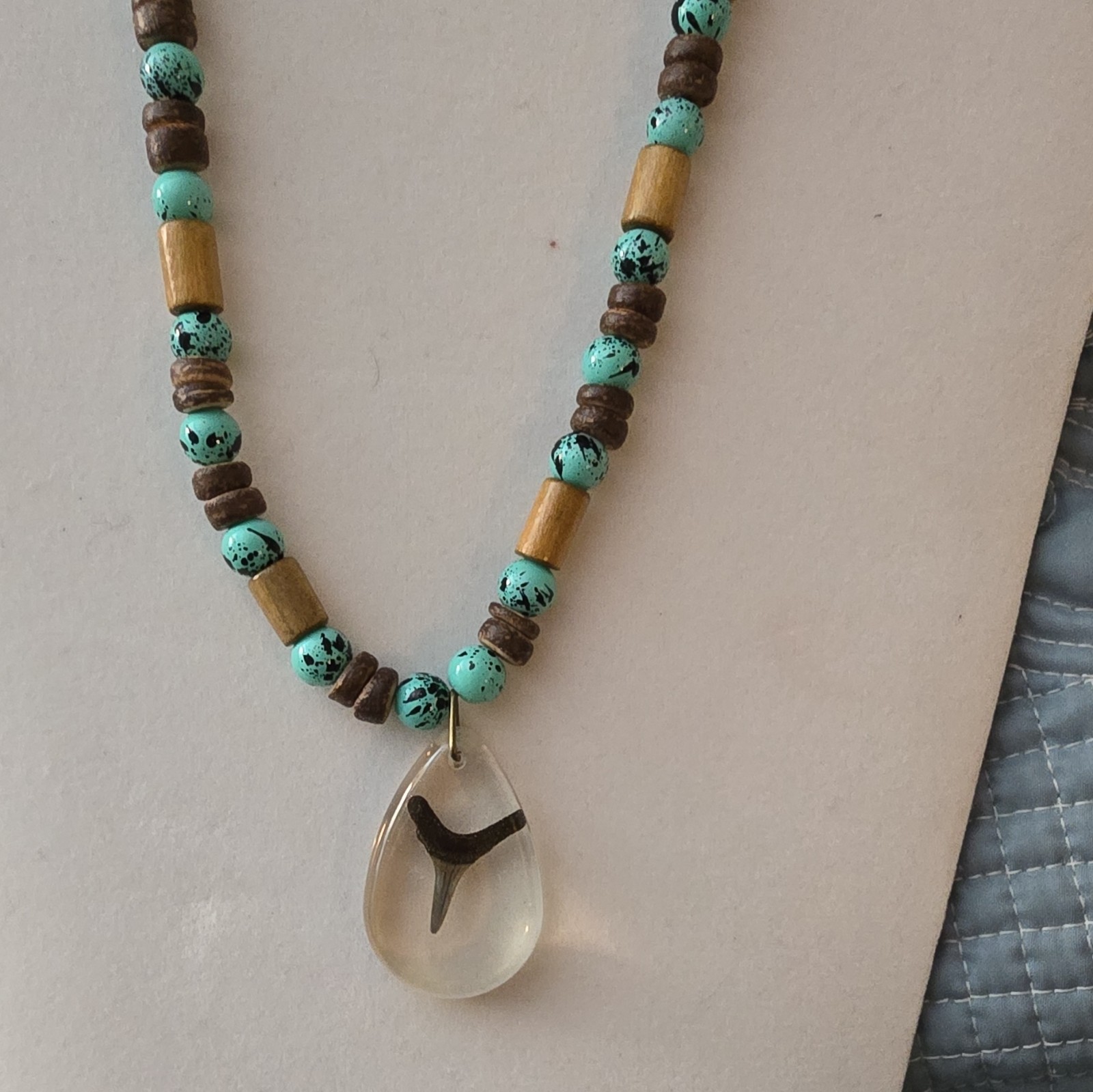 Handmade Resin Shark Tooth Pendant Beaded Necklace, Turquoise Brown Wood Beads
