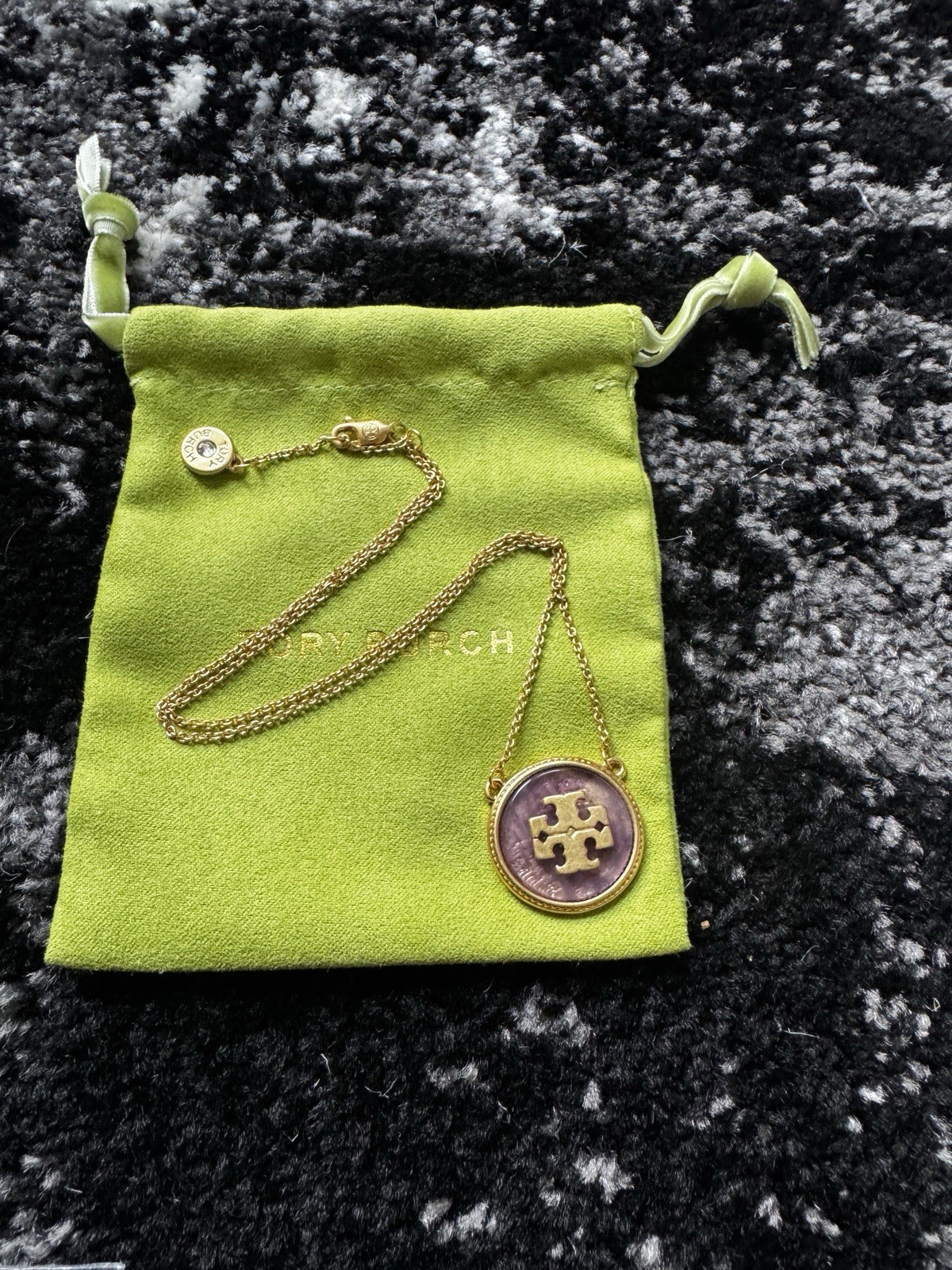 Tory Burch Gold Plated Round Logo Medal Pendant Cable Chain Necklace Purple