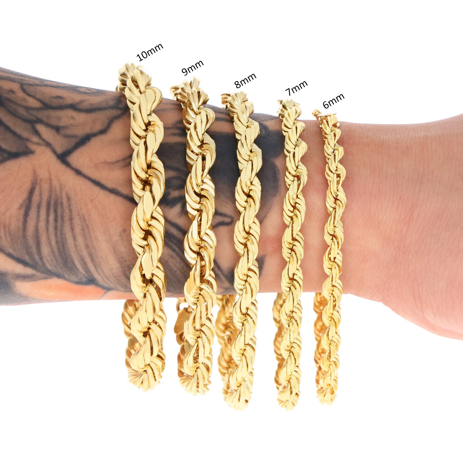 14K Yellow Gold 1.5mm-10mm Solid Diamond Cut Rope Chain Bracelet 7″ 7.5″ 8″ 9″