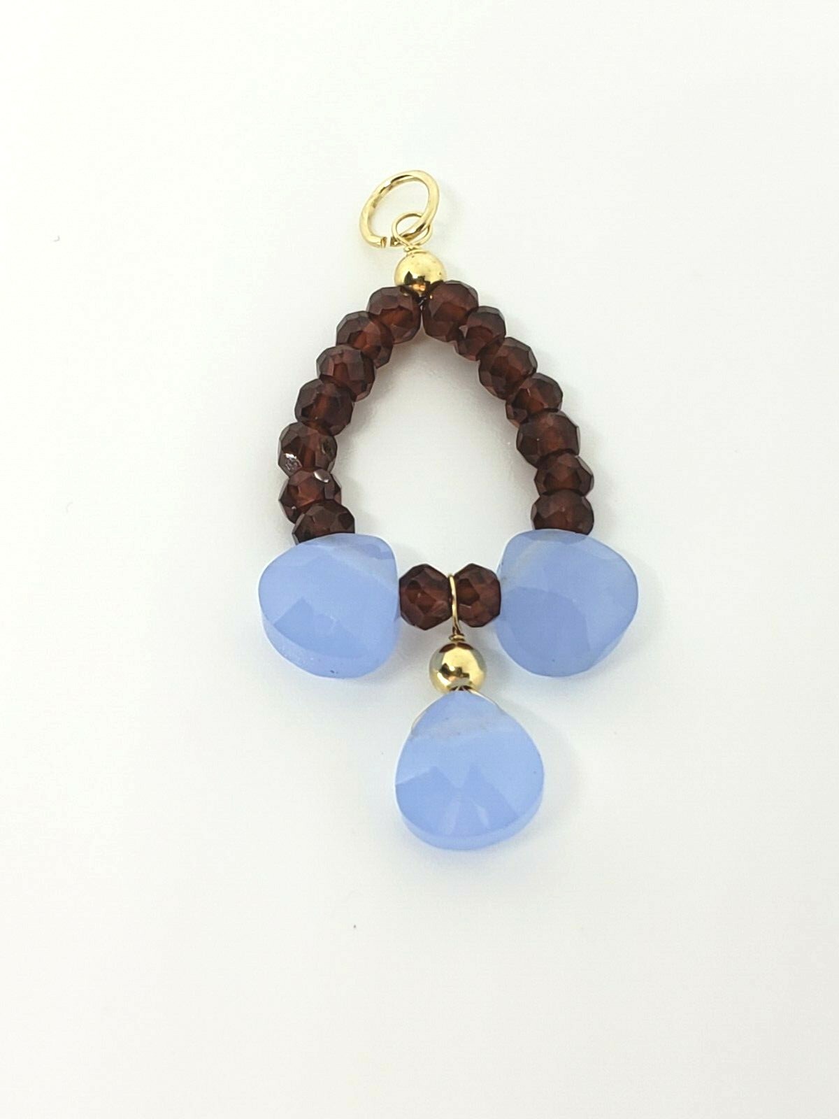 14k Yellow Gold Red Garnet and Blue Chalcedony Beaded Pendant