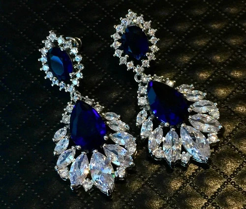 18k Platinum Plated Earrings Made Simulated Diamond Blue Marquise Stone