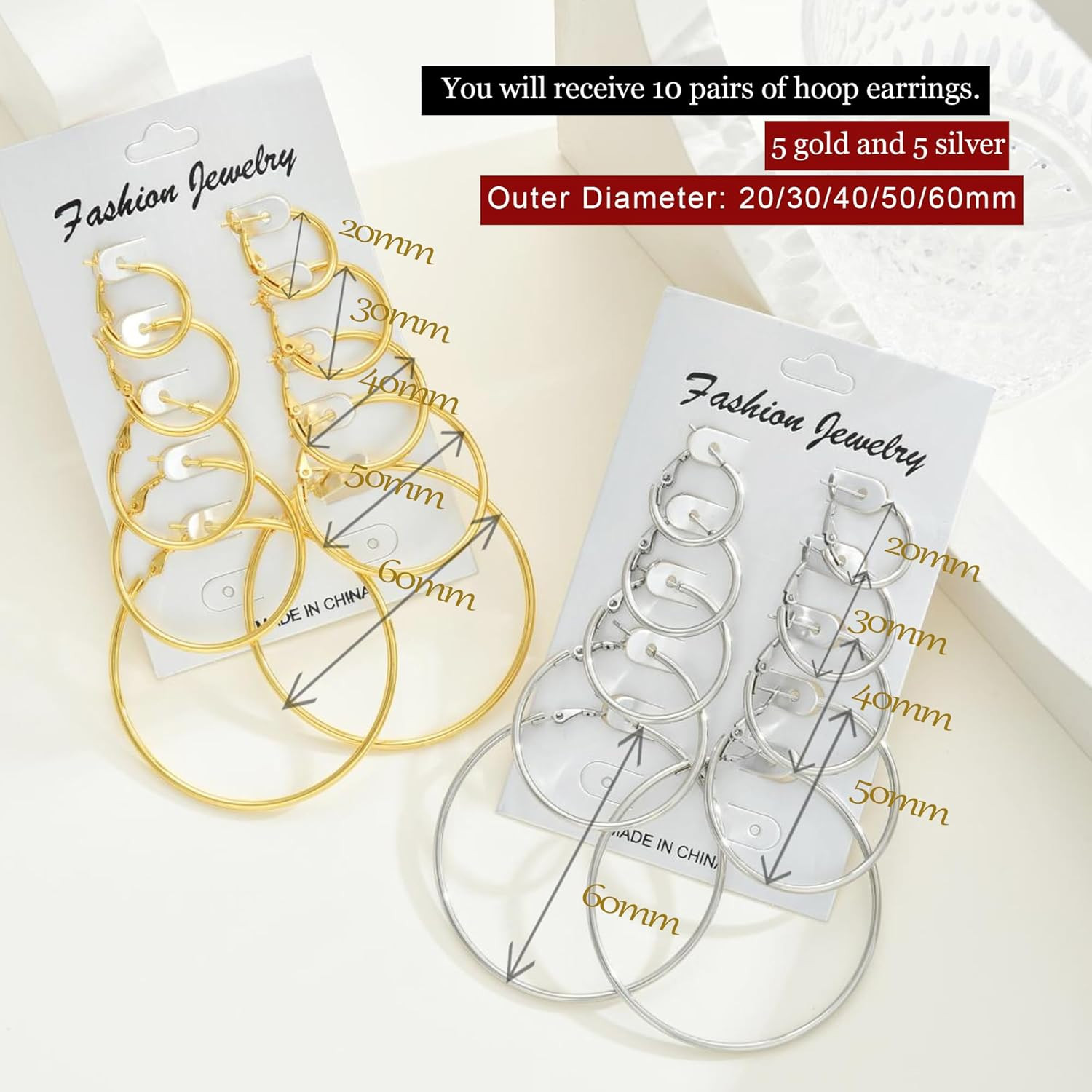 10 Pairs Gold Silver Hoop Earrings for Women | 14K Gold Plated Hoop Dainty Earri