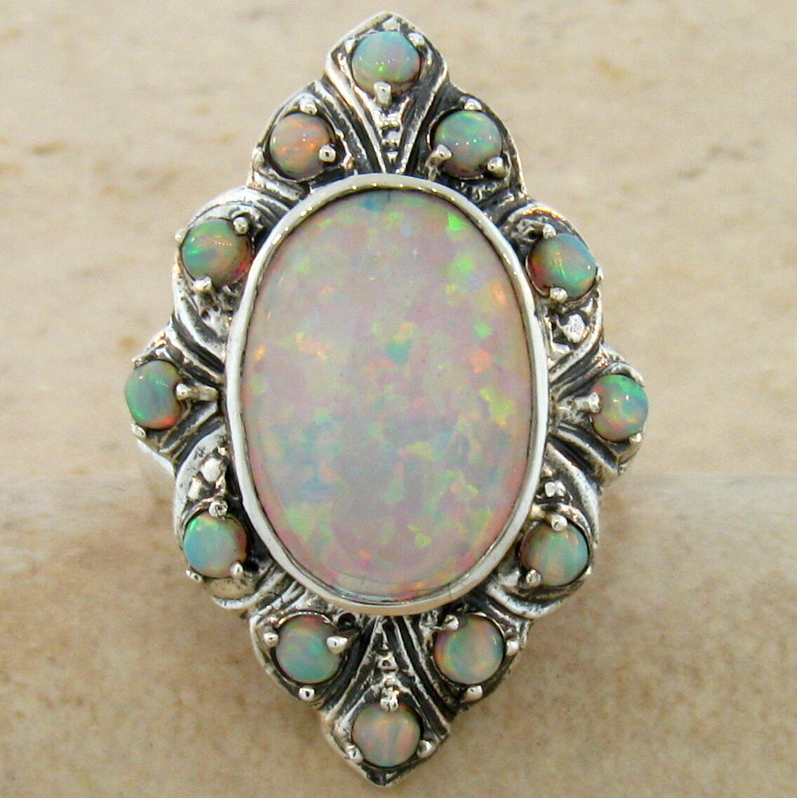 CLASSIC VICTORIAN STYLE 925 STERLING SILVER LAB-CREATED OPAL RING #491