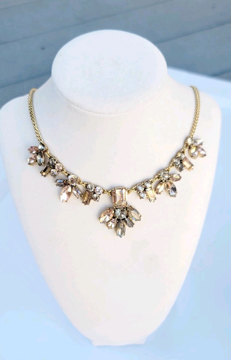 J.Crew Crystal Statement Necklace Smoky Gray Crystals Gold-tone Chain Signed