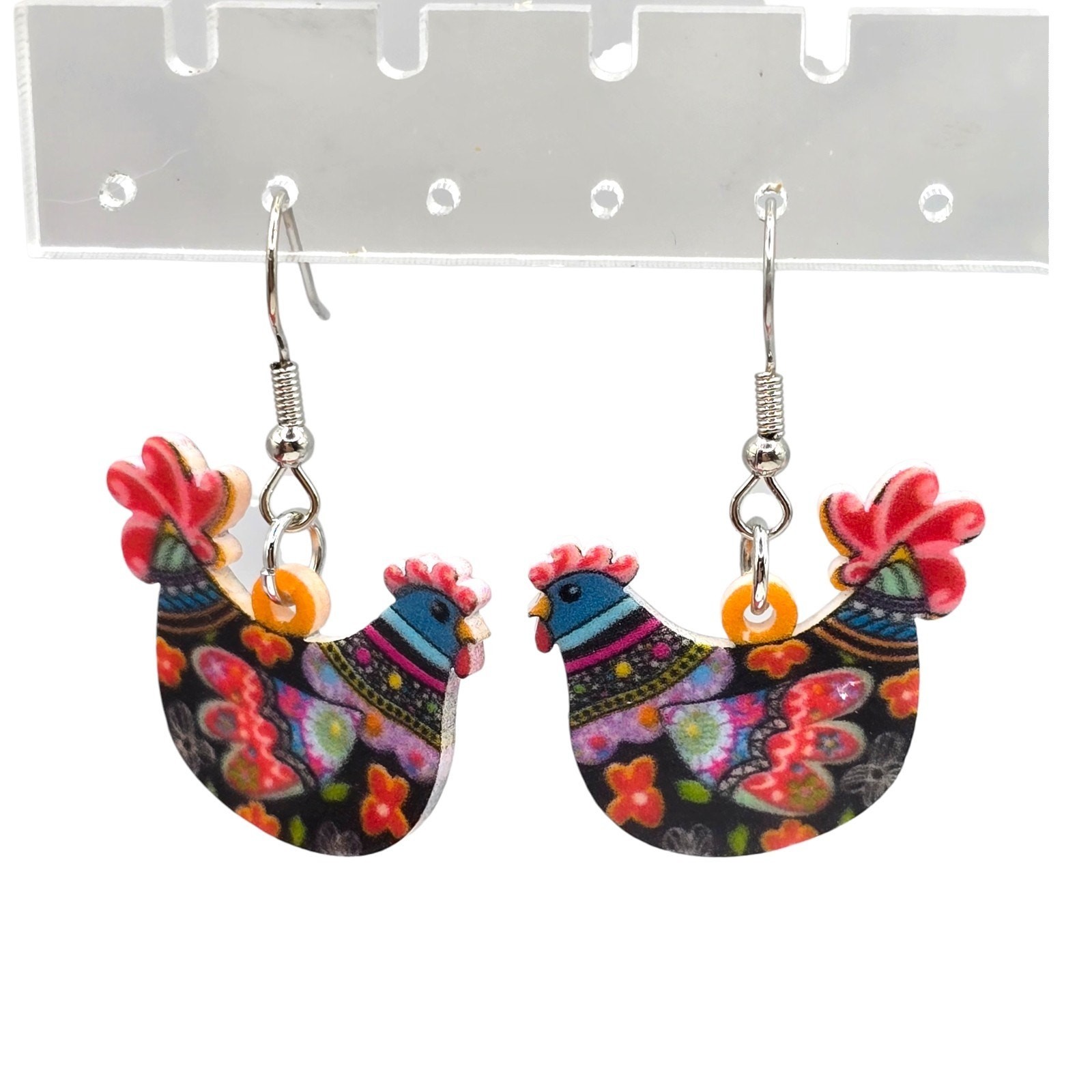 Earrings Hens Colorful Acrylic Chicken Dangle Novelty Fun Pierced SKU 3075