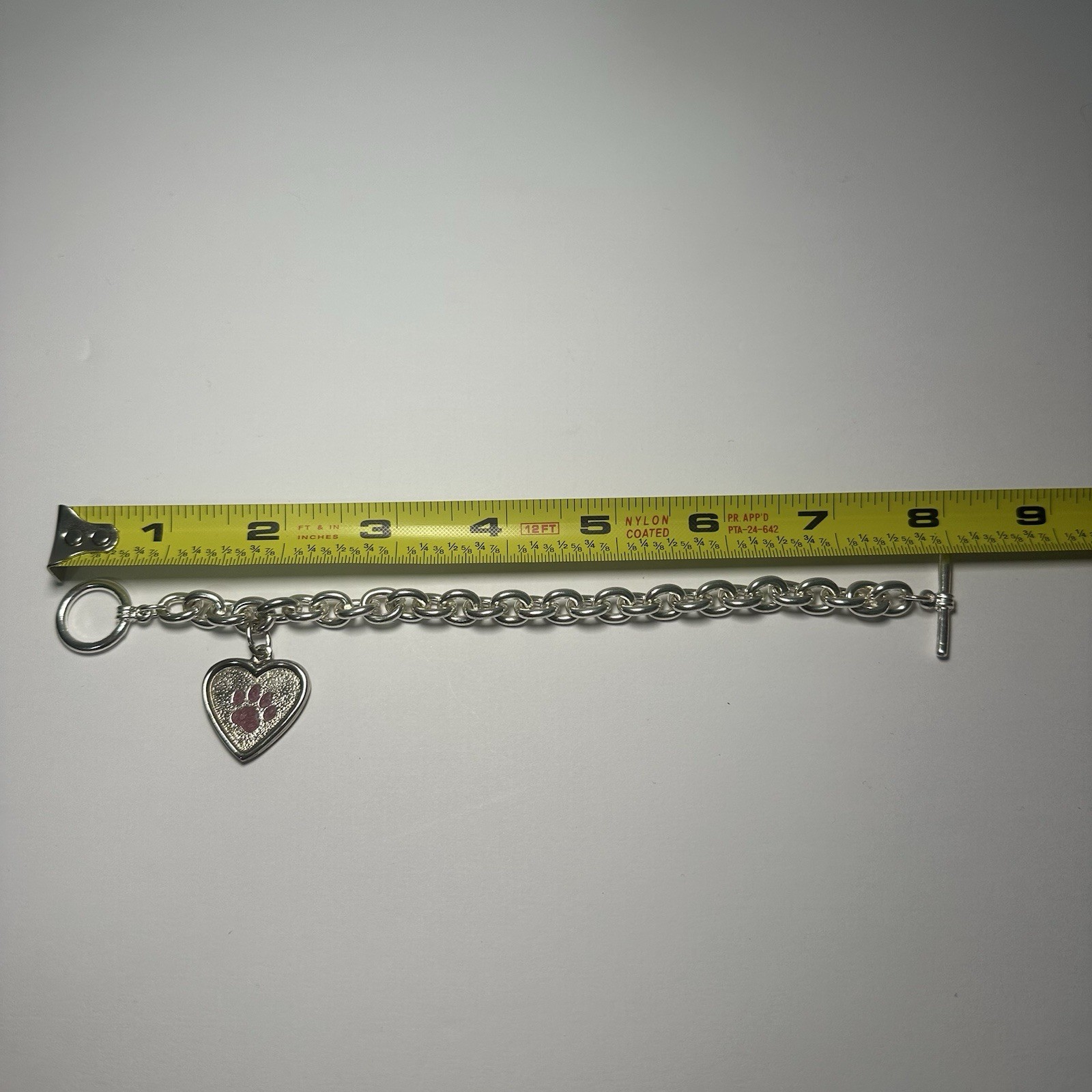Silver Tone Toggle Bracelet Heart Paw Print Dangle Charm 8 in