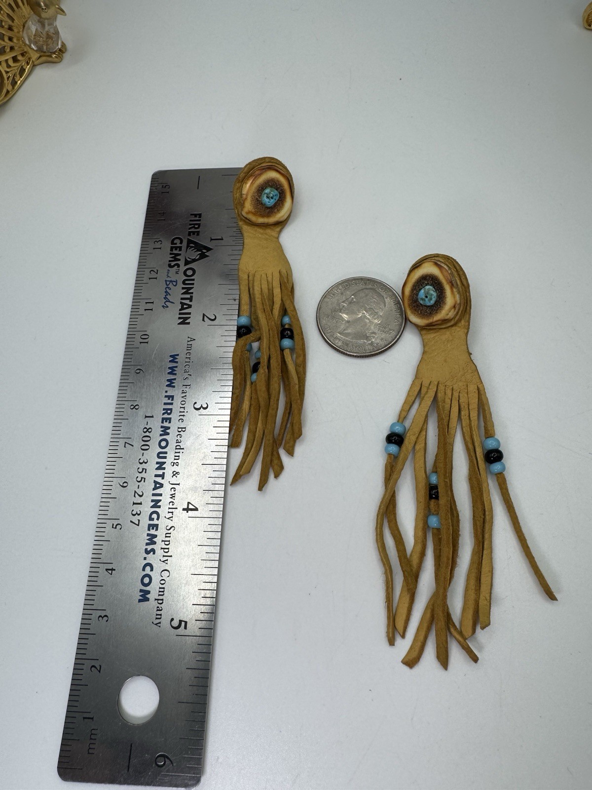 Silver Tone & Beige Leather Tassel Earrings Native Style Whit Turquoise Accents