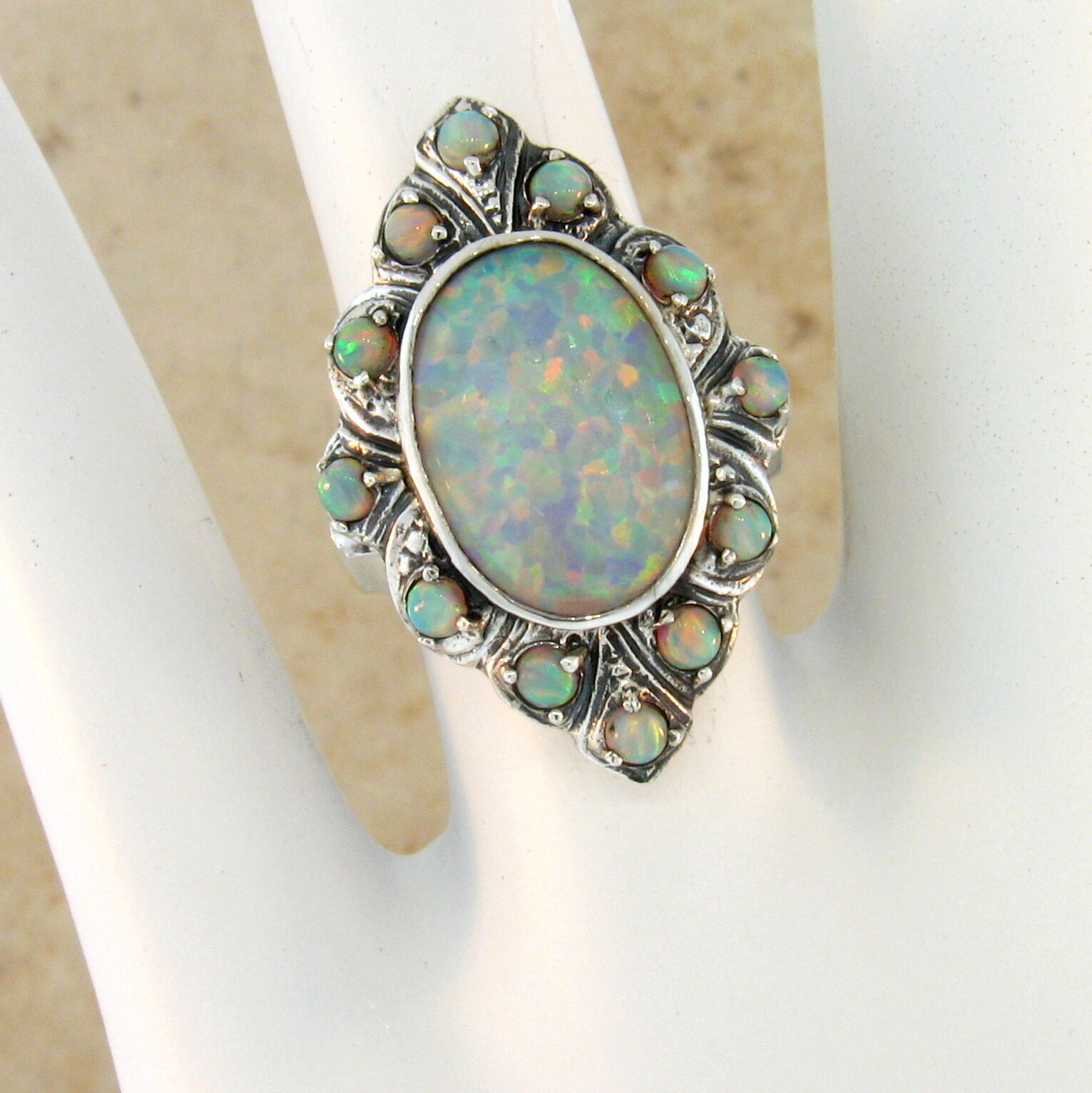 CLASSIC VICTORIAN STYLE 925 STERLING SILVER LAB-CREATED OPAL RING #491