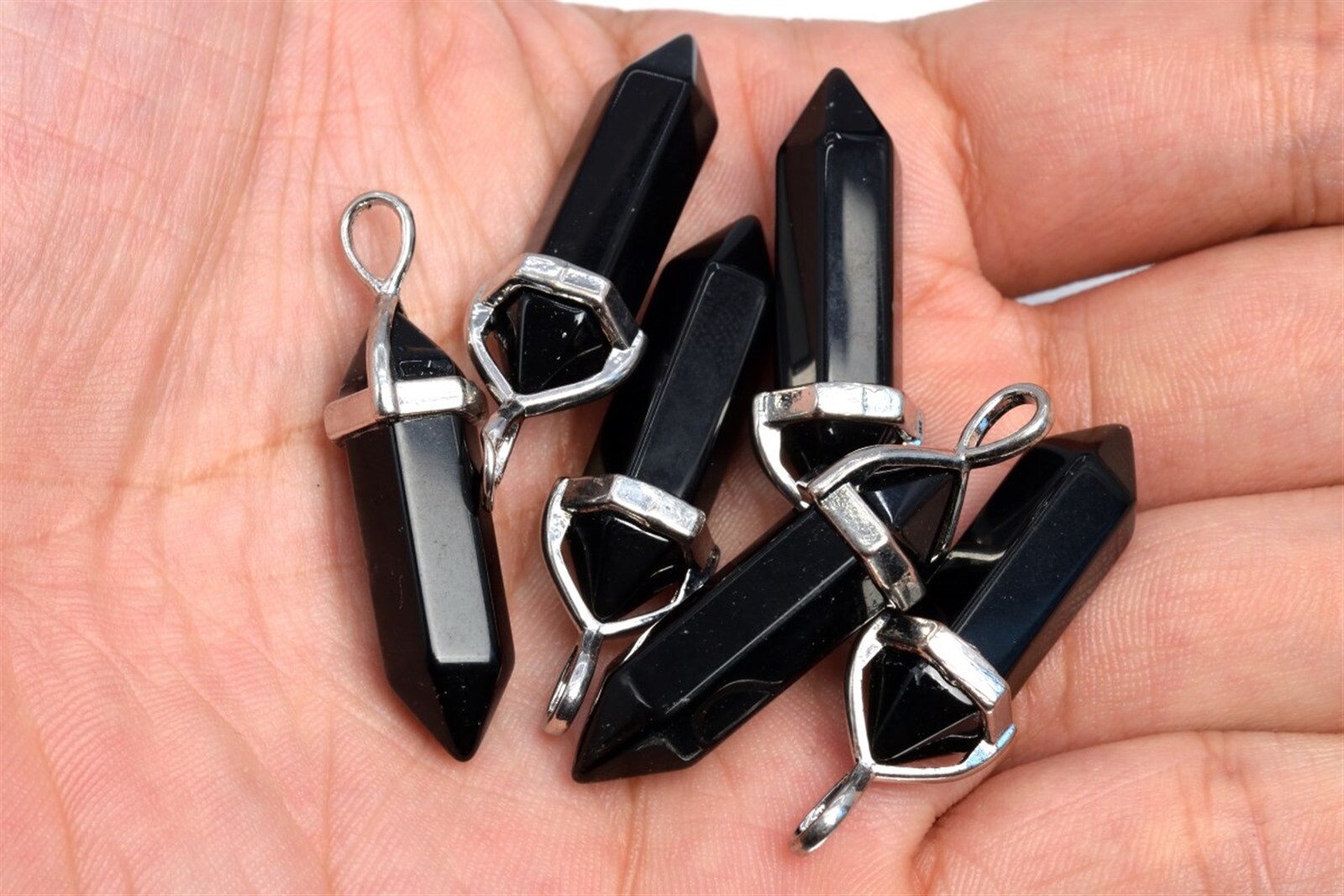 2 Pcs 46x8MM Black Agate Beads Hexagonal Pointed Pendant AAA Silver Plated Cap