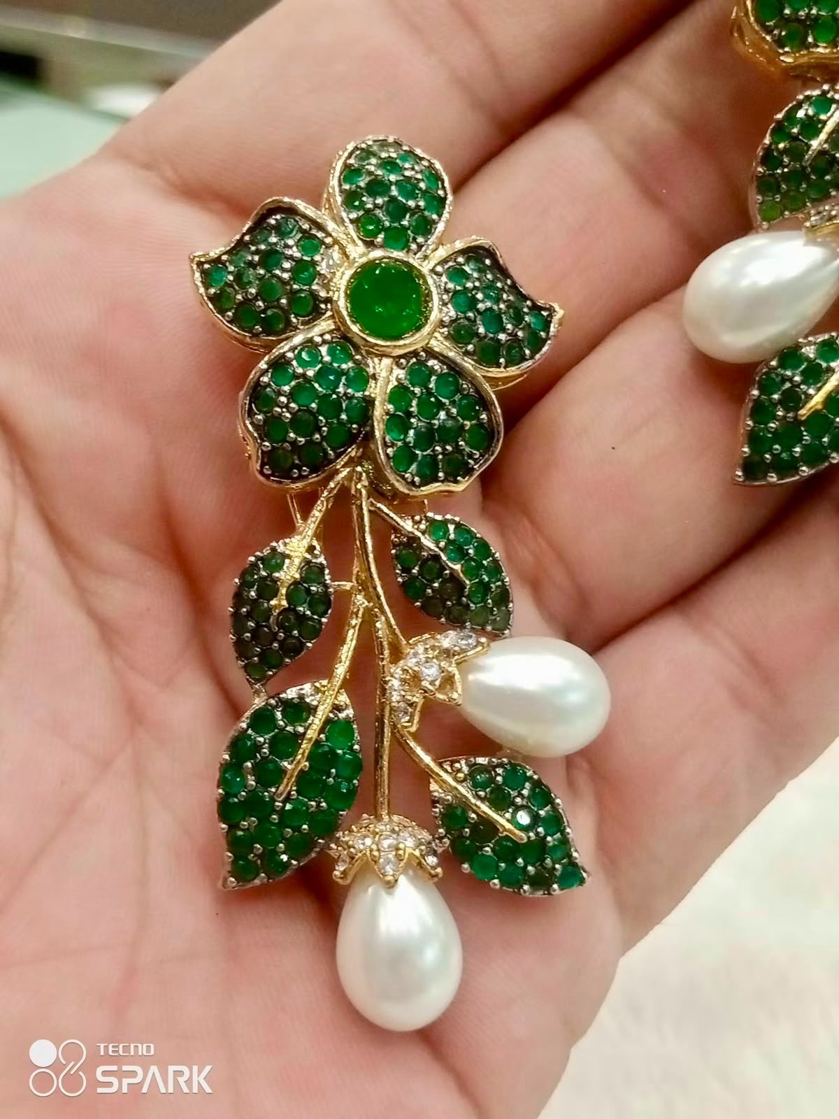 Pakistani Gold Plated Green Crystal Bridal Earring Flower Dangle Wedding Jewelry