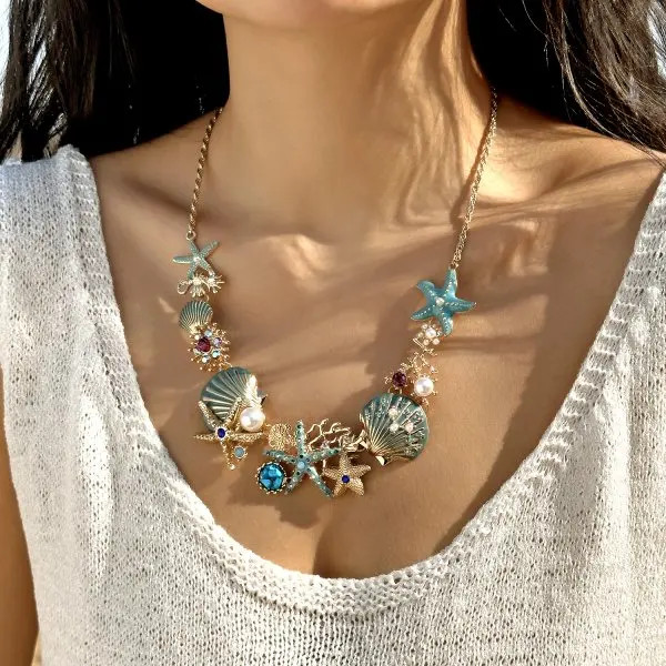 Boho Starfish Shell Coral Pearl Pendant Necklace For Women Shiny Crystal Zircon