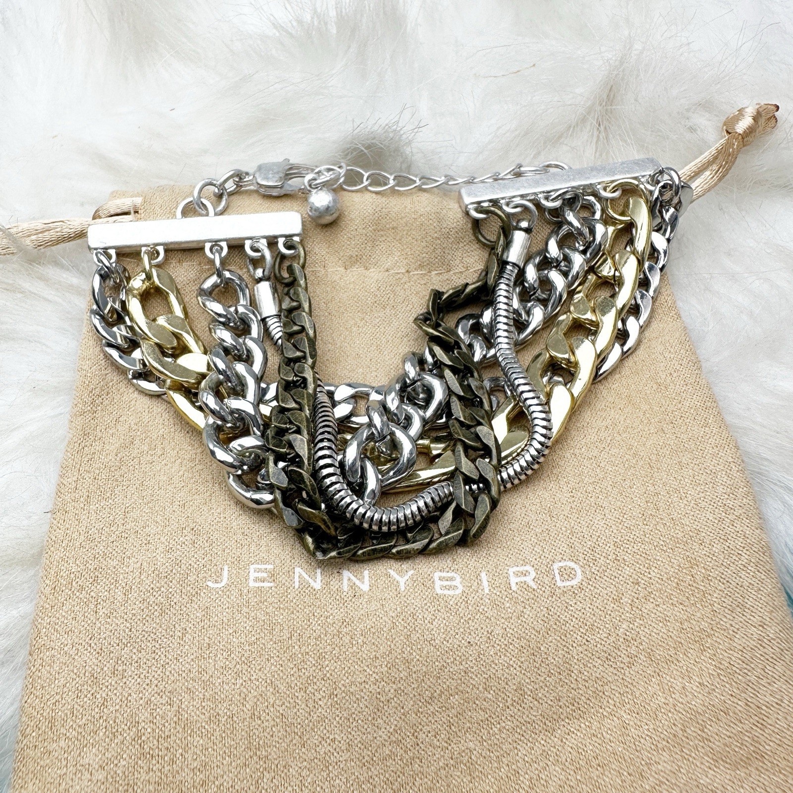 Jenny Bird Gold Silver Multi Chain Statement Bracelet w/ Pouch New w/o tags