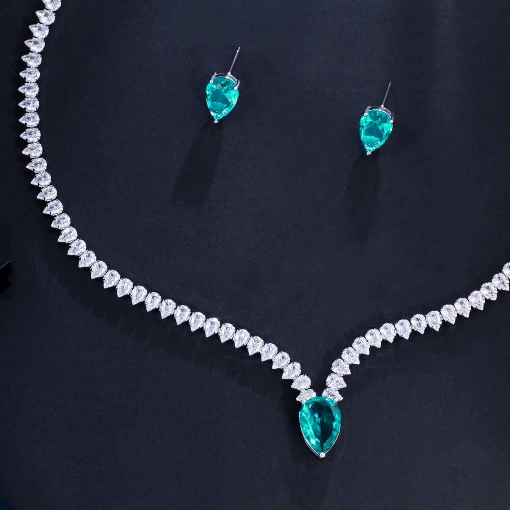 Charming Silver Plated CZ Green Necklace Earrings Jewelry Set for Brides Wedding
