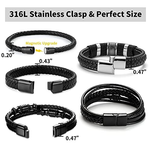 Black Leather Bracelets for Men Women 5pcs Mens Bracelet Leather and A- 8.7inch