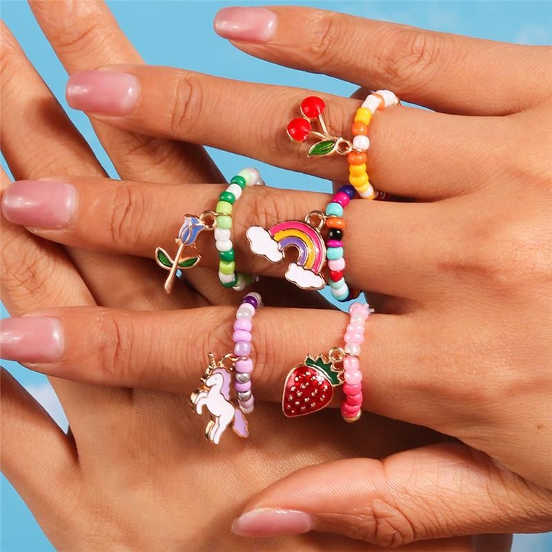 Bohemian Handmade Colorful Flower Beaded Ring Set for Women Beach Jewelry Gift