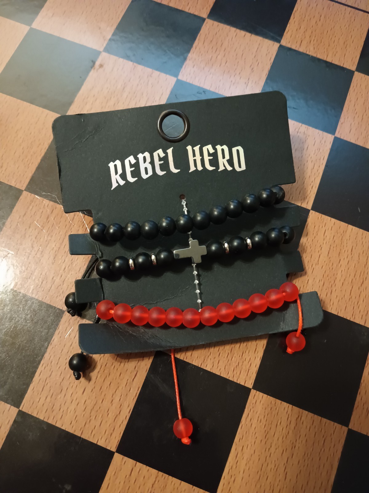 Rebel Hero 3pc Black/Red Beaded Cross Dangle Charm Bracelets, Adjustable Bolo