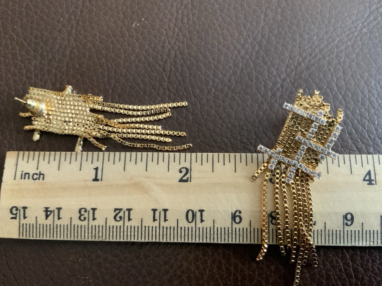 Goddess Gold Earrings Solanales Stud Chain Tassel Fringe Crystal CZ Art Deco VTG