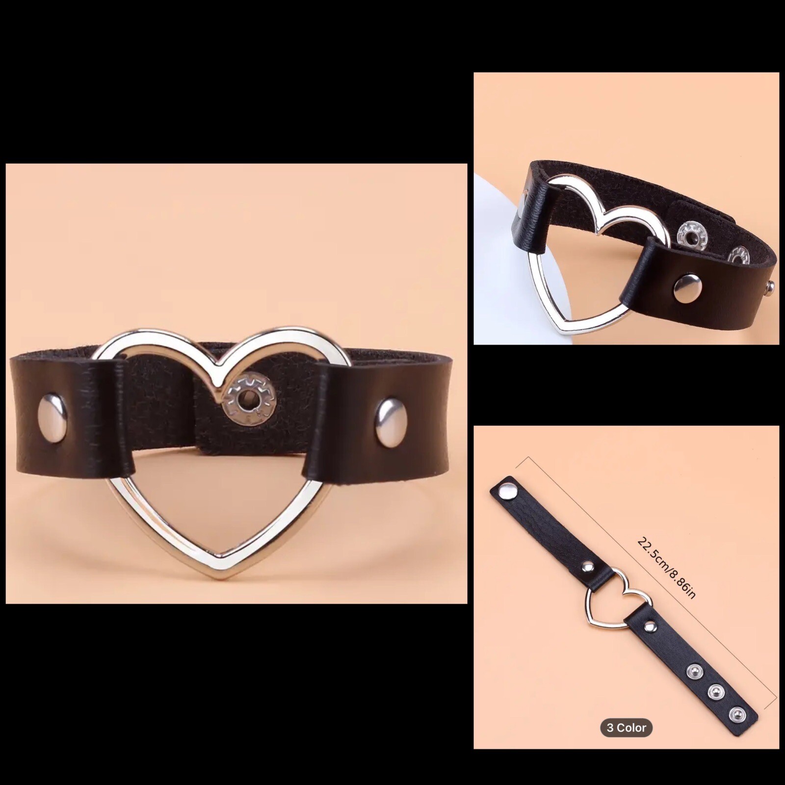 8.5″ Heart 🖤 Bracelet Black Stackable Adjustable Snap New Free Ship