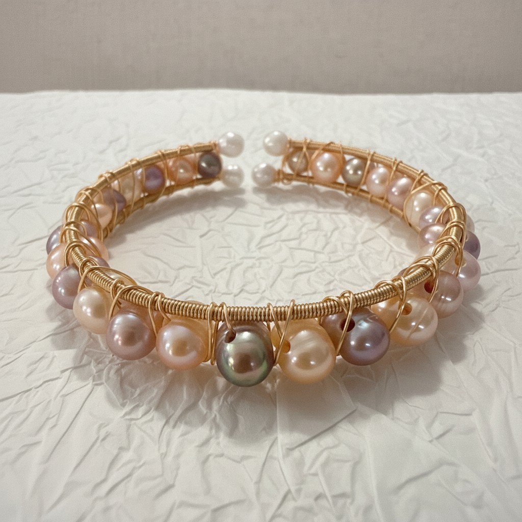 Natural Freshwater Pearl Wire Wrapped Cuff Bracelet Gold Tone Handmade Boho Gift