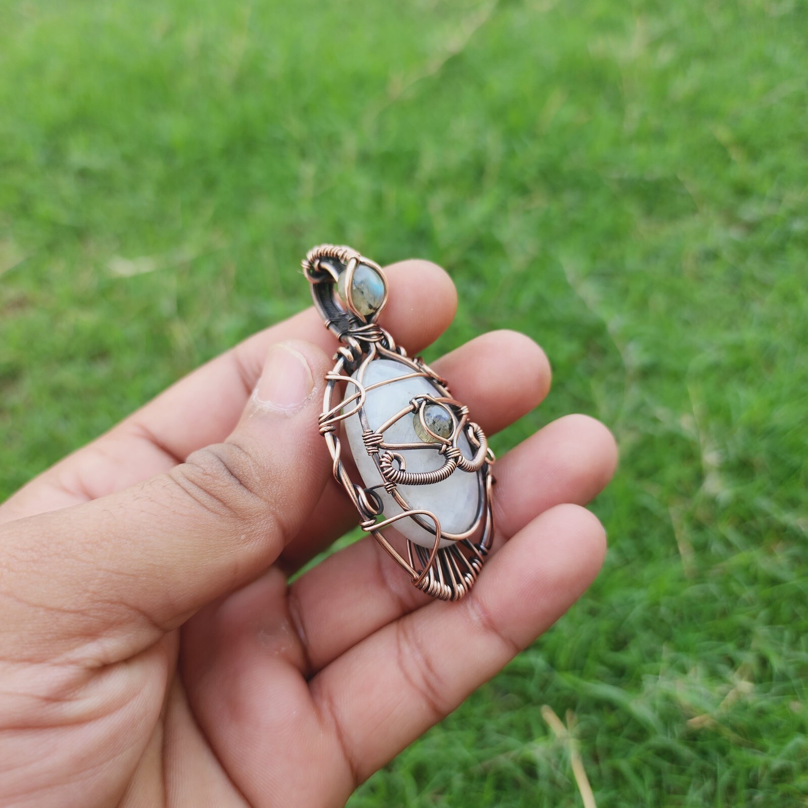 Rainbow Moonstone Labradorite Handmade Wire Wrapped Evil Eye Pendant Jewelry