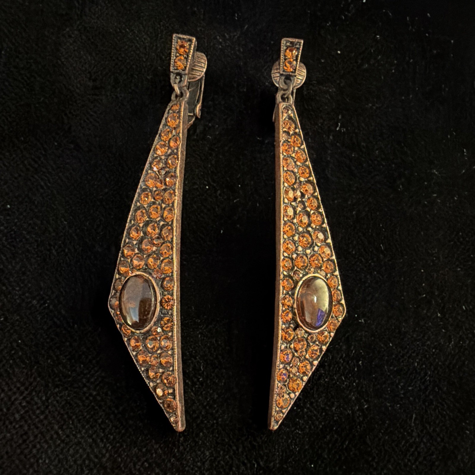 Gold Tone Orange Round Pavé Rhinestone Dangle Clip-On Earrings 2 in