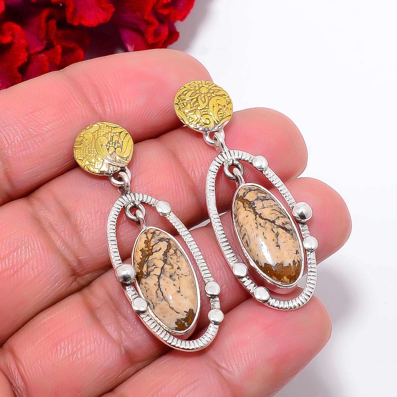 Picture Jasper – Oregon 925 Sterling Silver Two Tone Earring 1.76″ E103036