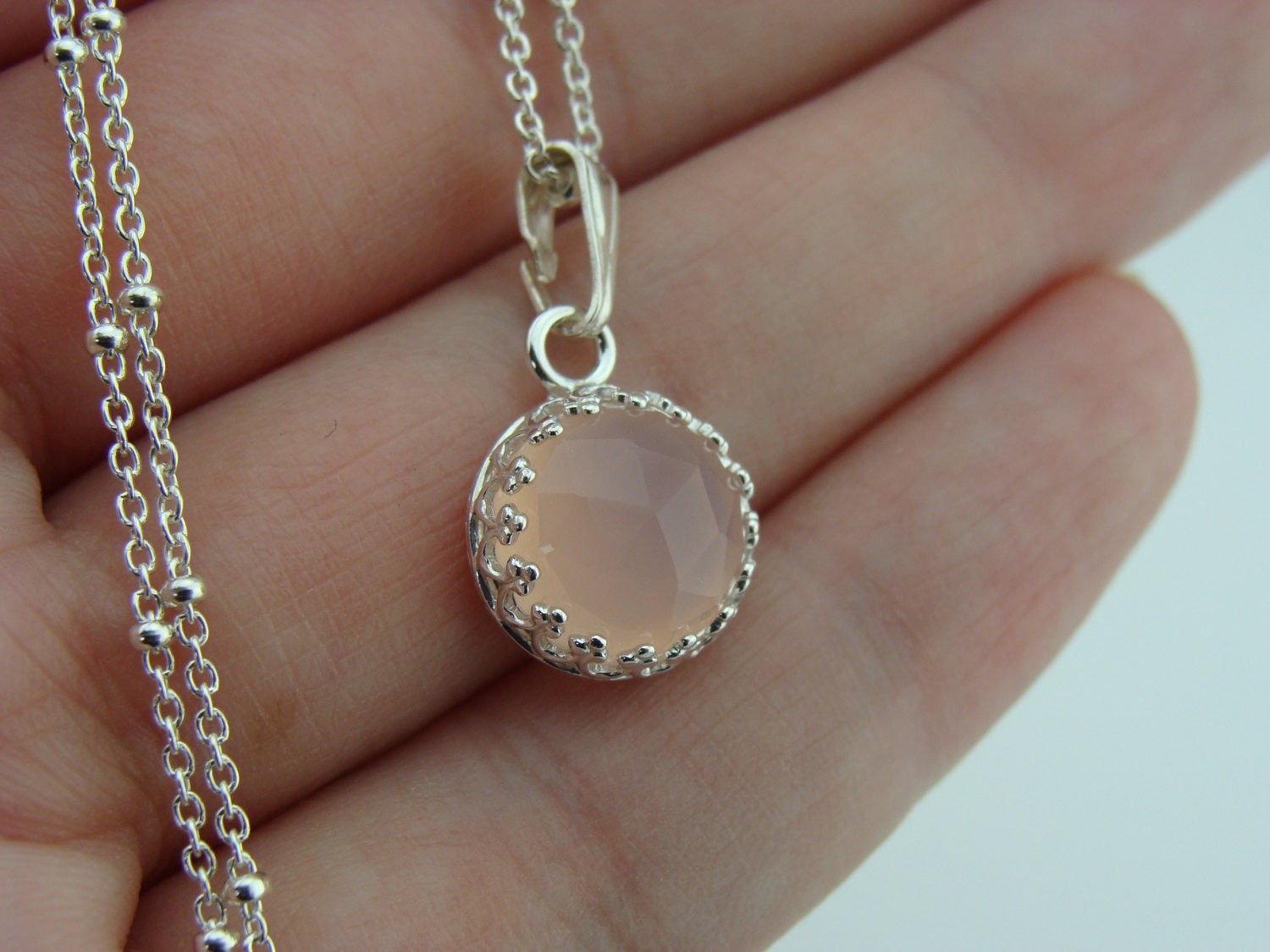 Rose Cut Pink Chalcedony Pendant Necklace · Bezel Set · 925 Sterling Silver ·