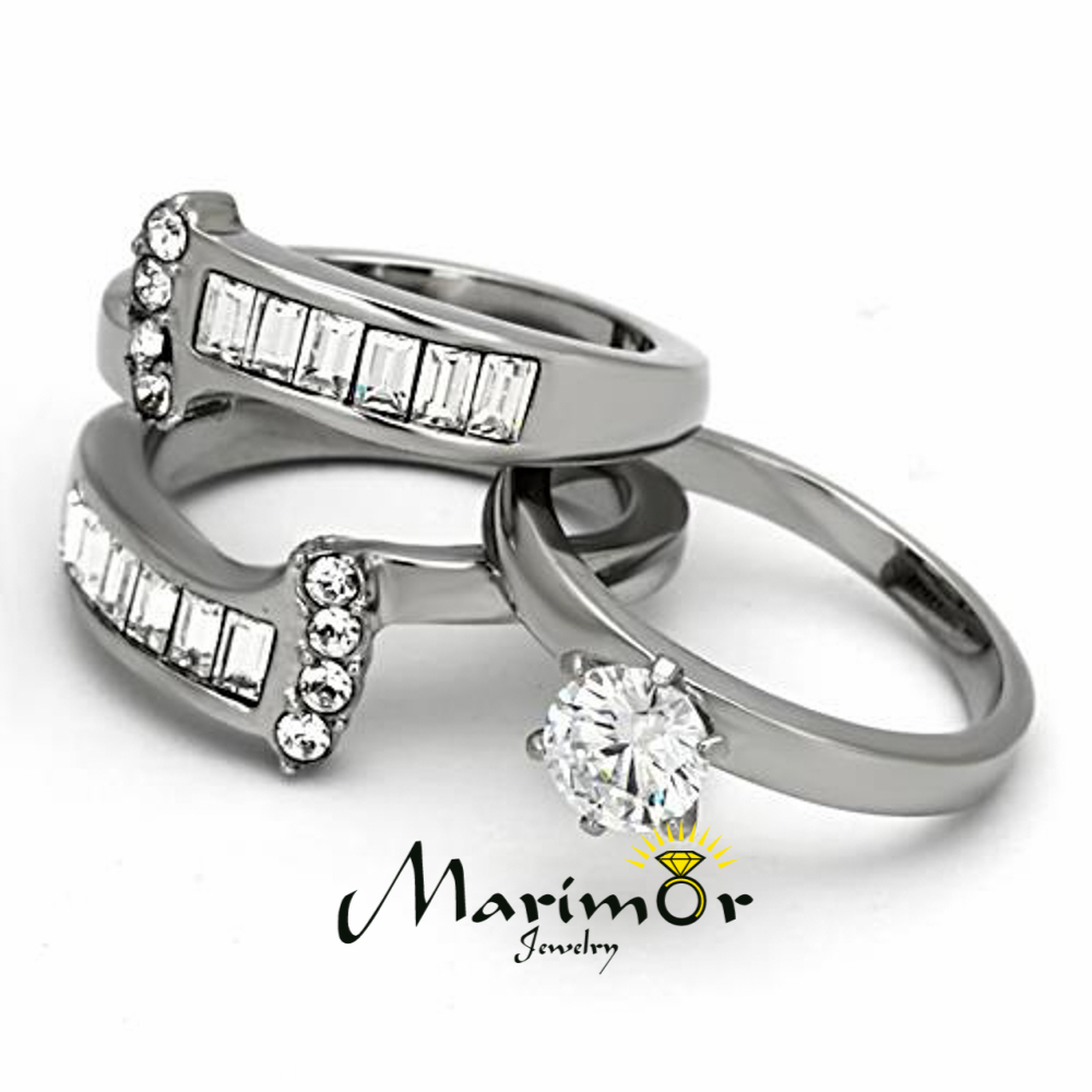 Women’s Round Cut Silver Stainless Steel AAA CZ Wedding Ring Band Set Size 5-10